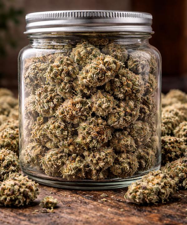 High quality THCA hemp buds Gushers strain in jar with loose cannabis flower displayed Green Leaf Botanicals 919 Raleigh NC