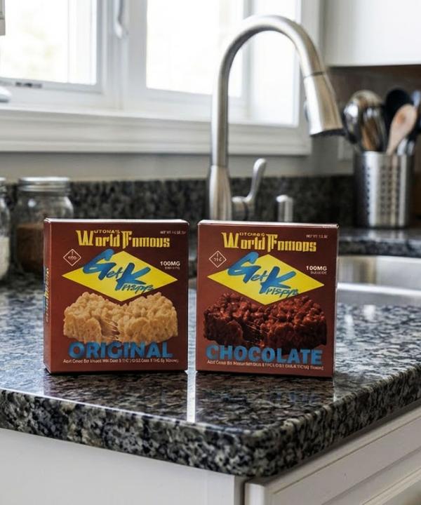 Two boxes of Utoya World Famous Get K Crispys adult cereal bars, Original and Chocolate flavors, displayed on a grey granite kitchen countertop near a sink.